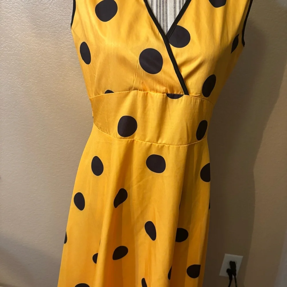 Yellow Polka Dot Dress Large Midi Sleeveless Faux Wrap Black Dots Cotton Poly - Picture 3 of 16